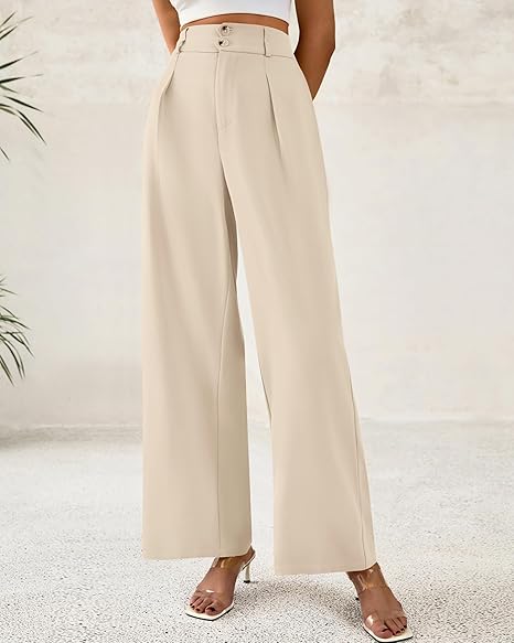 Women Wide Leg Dress Pants High Waisted Button Pleated Business Casual Trousers Office Work Palazzo Pants