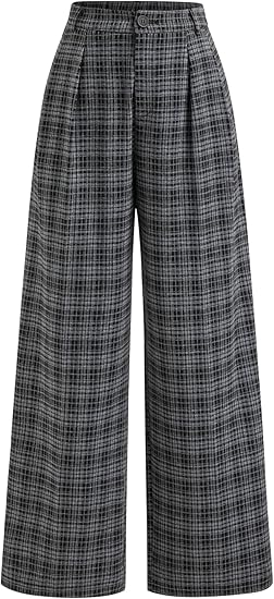 Plaid Wide Leg Pants for Women with Pockets Mid Waist Checkered Pants Business Casual Trousers Trendy