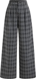 Plaid Wide Leg Pants for Women with Pockets Mid Waist Checkered Pants Business Casual Trousers Trendy