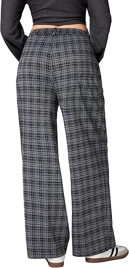 Plaid Wide Leg Pants for Women with Pockets Mid Waist Checkered Pants Business Casual Trousers Trendy