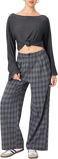 Plaid Wide Leg Pants for Women with Pockets Mid Waist Checkered Pants Business Casual Trousers Trendy